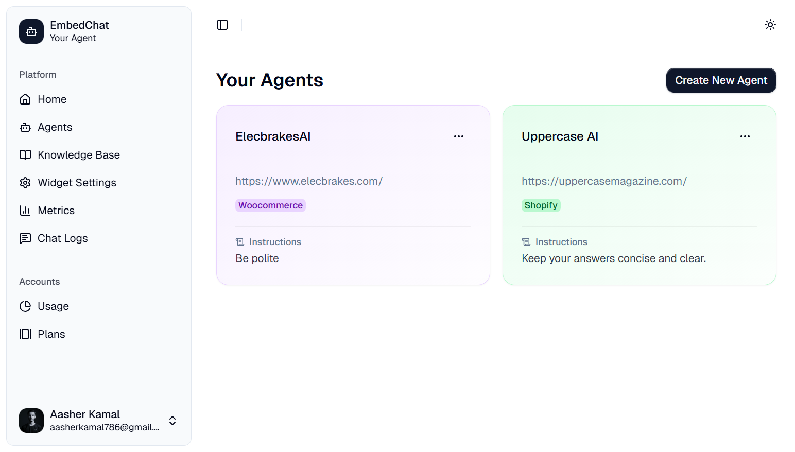 EmbedChat AI merchant dashboard showing the assistant configuration workspace