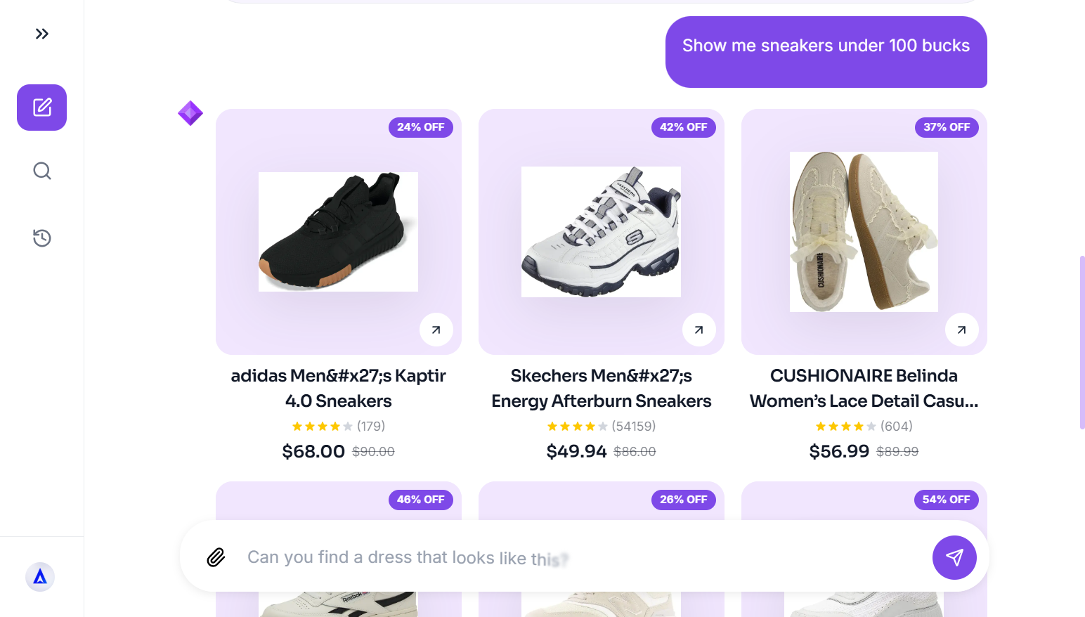 Gem AI conversation showing product results inside the shopping assistant